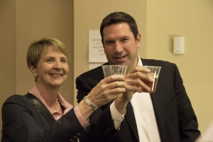 The mayoral candidates Patti Bushee and Javier Gonzales toasting for the cameras after the debate. Photo by: Bego Aznar