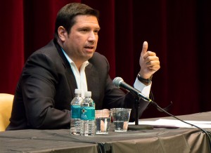 Candidate Javier Gonzalez gave his plan for reviving the youth culture in Santa Fe during the Mayoral candidate debate last Thursday. Photo by Luke Montavon