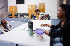 From right, Julia Rocke, student director of 'Bedtime' briefs her cast Austin Creswell and Sarah Spickard prior to a rehearsal on February 10, 2015. Photo by Luke E. Montavon