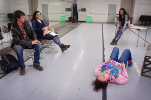 Right, Joey Beth Gilbert takes a rest following a speed-drill during a rehearsal for 'Your Mom’s Butt', directed by Matt McMillan on February 10, 2015. Photo by Luke E. Montavon/The Jackalope