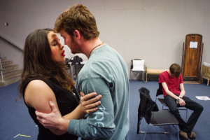 From left,  Sarah Sanders, Adam Troyer, And Isaac Snyder in rehearsal for 'The Devil is in the Details, directed by Rachel Shuford on February 17, 2015. Photo by Luke E. Montavon/The Jackalope