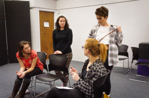 From left,  Courtney Walsh, Tristine Henderson, Lauren Trujillo, Britain Gillispie, during rehearsal for An Evening Crossword Directed by Chloe Torblaa on February 17, 2015. Photo by Luke E. Montavon/The Jackalope