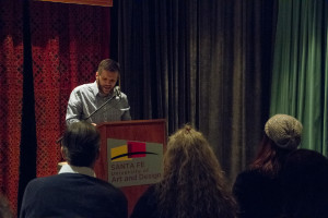 Writer Matt Bell captivates the audience during a reading in the O'Shaughnessy Performance Space.  Photo by Ash Haywood 