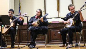 Eric Cureno on guitar, John Church on mandolin and Sam Armstrong-Zickefoose on banjo. Photo by Christy Marshall