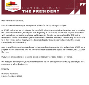 Interim President Maria Puzziferro notified students of SFUAD's new program fee via e-mail on Aug. 11.