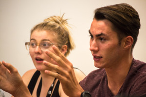 Kayla Casiano (left), freshman musical theatre major, is enthusiastic about Student Voice's goals as Skylar Anderson (right), freshman film major, shares his thoughts on plans for future Student Voice events. Photo by Jennifer Rapinchuk