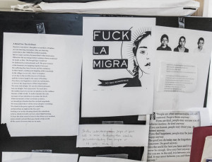 Allegra Love's desk is covered with images and text that inspire her work. Photo by Yoana Medrano. 