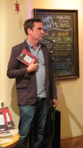 Jason DeBoer answers audience questions after his reading at Santa Fe Spirits Bar. 