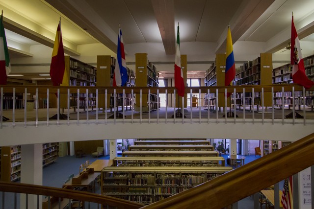 The International Flags hang on the Second Floor of the library.