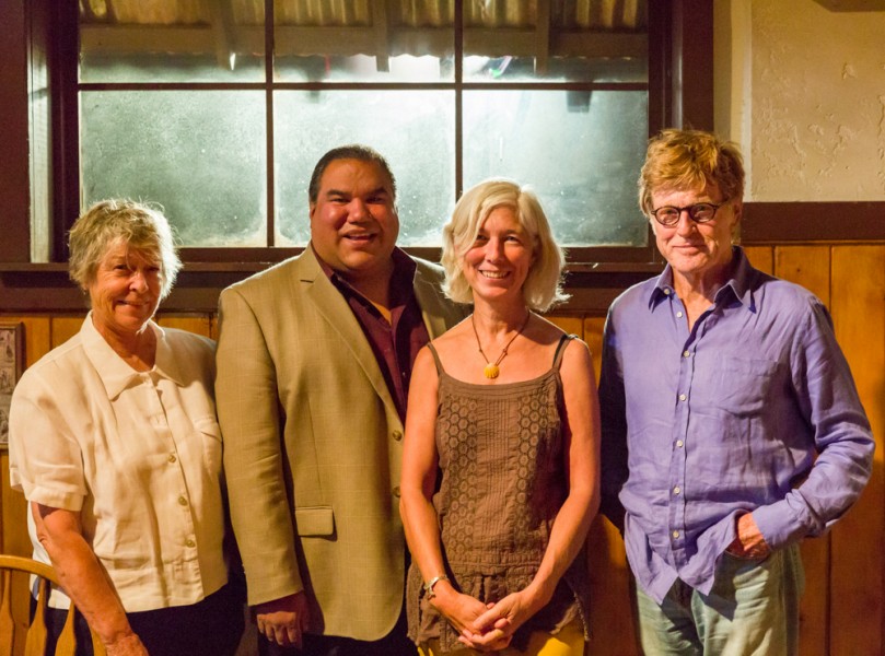 (from left to right) Joan Tewkesbury, Artistic Director of the Story Institute, Chris Eyre, chair of The Film School, Kathleen Broyles, Director of the Milagro Initiative and Robert Redford pose at a luncheon held for recipients of the award on the set of Longmire in Garson Studios.