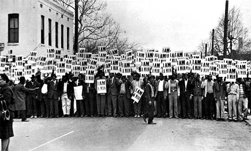 Sanitation Workers assemble in front of Clayborn Temple for a solidarity march, Memphis, TN, March 28, 1968 Copyright Ernest C. Withers/Withers Trust