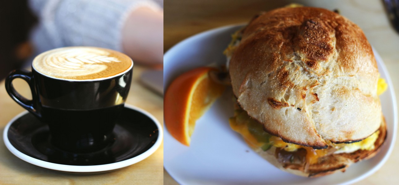 Iconik’s bagel sandwich accompanied by a hot coffee. 
