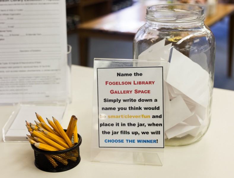 A jar at the front desk of Fogelson holds possible ideas for the name of the gallery.