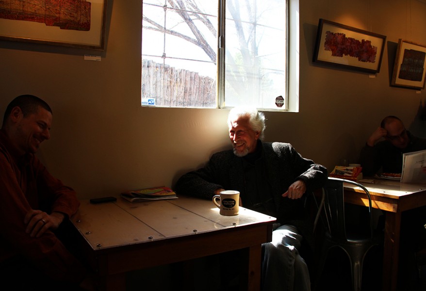 Richard Lowenberg and Adam Rubel enjoy a morning cup of coffee. Photo by Max Matias.