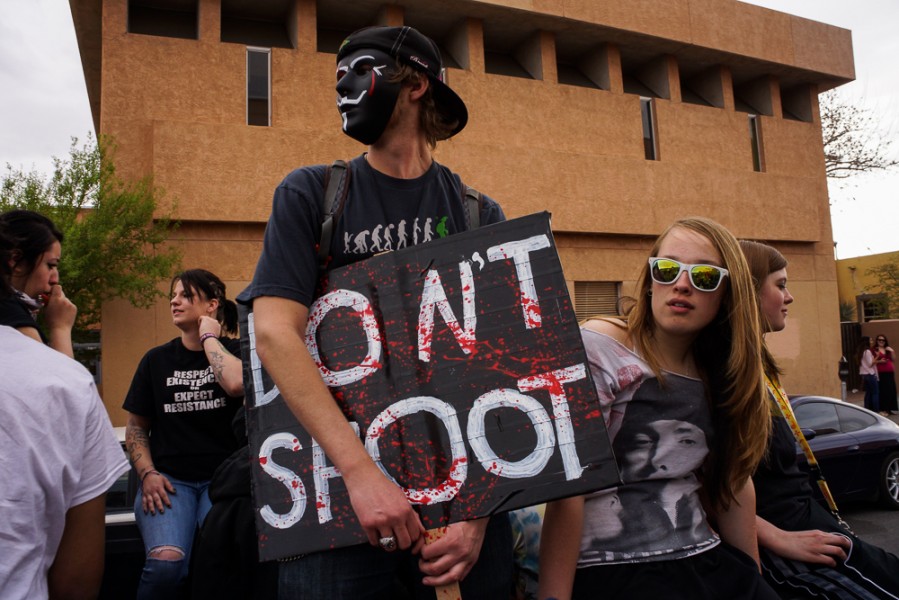 Demonstrators took to the streets of downtown Albuquerque in protest against APD. Photo by Luke Montavon 