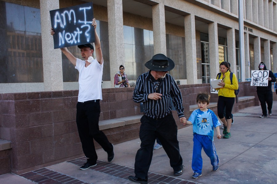 Approximately 100 demonstrators gathered peacefully on civic plaza on April 4 to voice their concerns against APD. Photo by Luke Montavon 