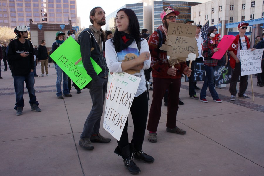 Approximately 100 demonstrators gathered peacefully on civic plaza on April 4 to voice their concerns against APD. Photo by Luke Montavon 
