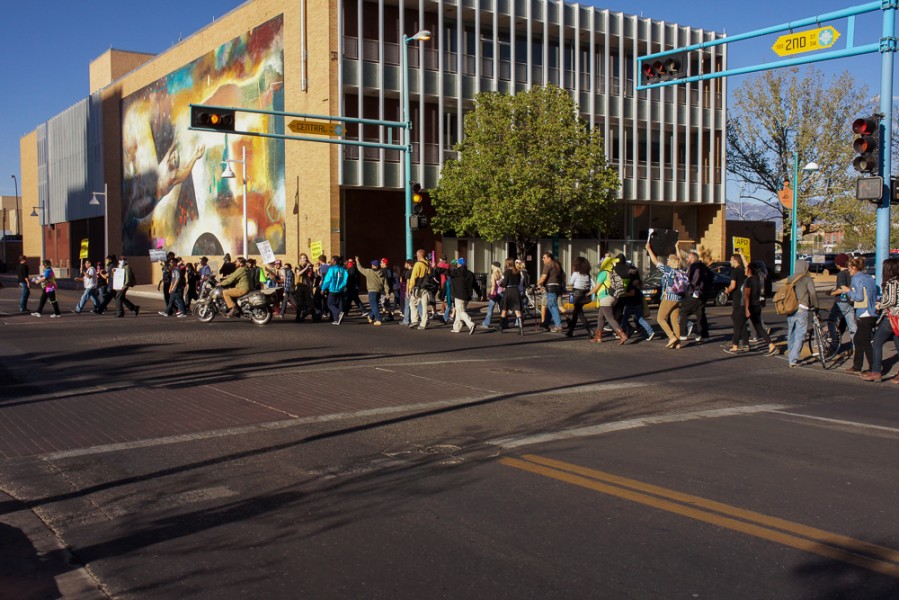 Demonstrators marched to Central Avenue from Civic Plaza in response to actions taken by APD. Photo by Luke Montavon 