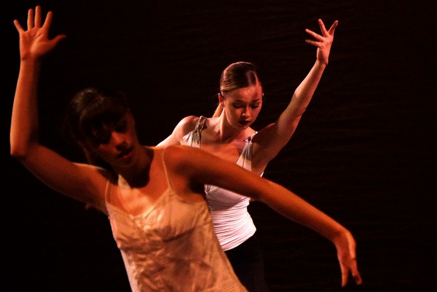Marisa Melito, front, & Brittany Kriechbaumer, rear, in “To be Dreaming” by Layla Amis in the Rise Above spring 2014 dance concert. Photo by Luke Montavon 