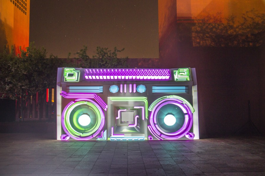 “The Boom”, A 10’x17′ electrified boombox in the Marion Center Courtyard. Photo by Bego Aznar 