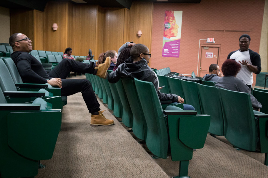 Waiting for a chance to perform, students gather at BSU rehearsal for the Black History Show.  Photo by Jessie Leigh