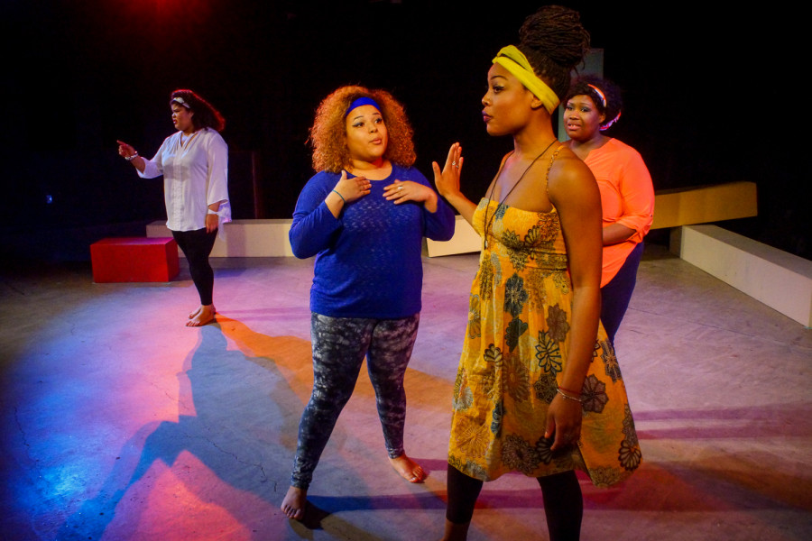 Center, Rachel Dupard (right) and Haley Pickens (left) in ‘For Colored Girls’ directed by Tikia Fame Hudson at Warehouse 21. Photo by Luke E. Montavon