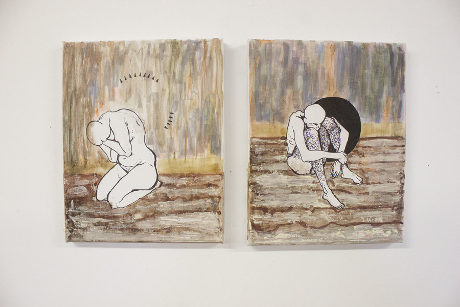 A series of paintings by Stephanie Thompson, tentatively titled, “The Space Between.” Photo by Andrew Koss