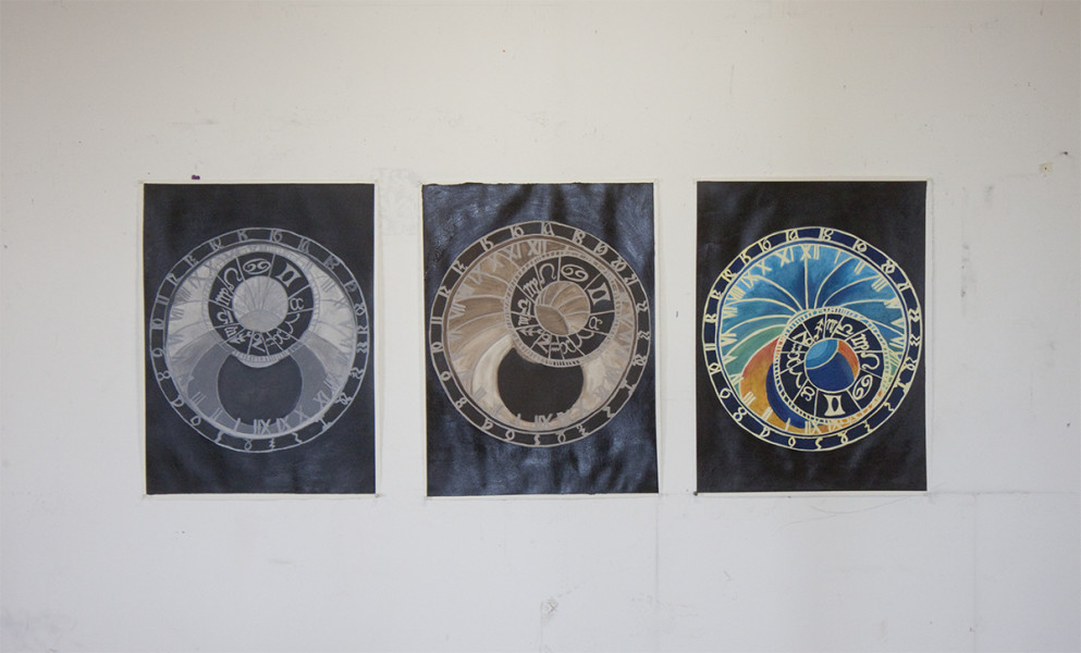 Hannah Gardner’s triptych of the Prague astronomical clock. Photo by Andrew Koss