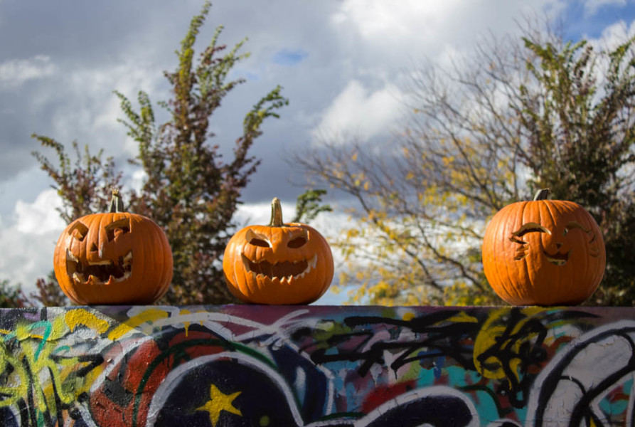 Jackolanterns on display on top of the graffiti wall in front of the King dorms. Photo by Kyleigh Carter.
