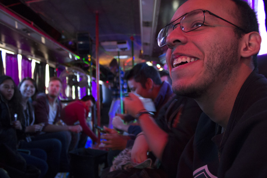 Marco Rivera on the party bus for the RA retreat. Photo by Andrew Koss