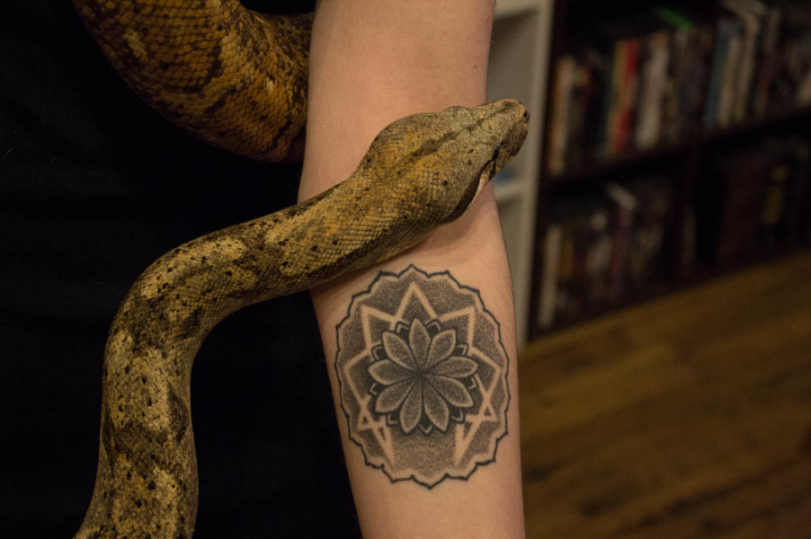 Maggie Johnson’s boa crawls along her arm by her mandala tattoo. Photo by Kyleigh Carter.