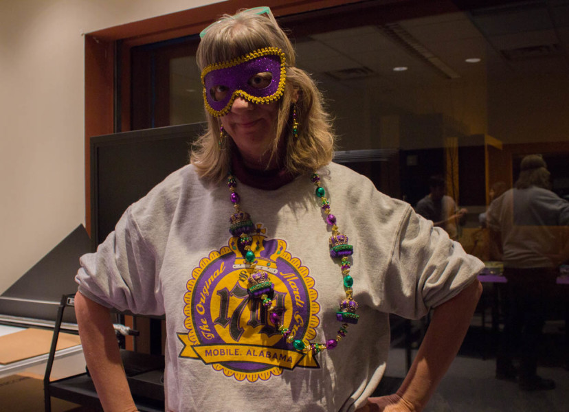Professor Wendy Young  in her Mardi Gras outfit. Photo by Kyleigh Carter.