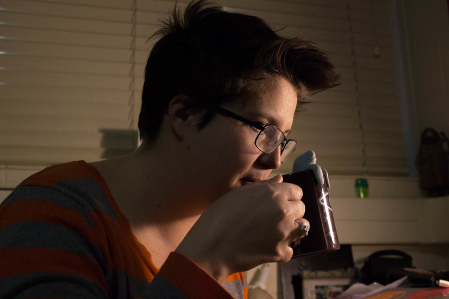 Drinking a cup of tea helps calm down Renken at night. Photo by Kyleigh Carter. 