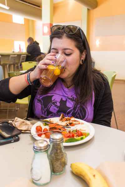 Sen Salinas, a senior Studio Arts major, enjoys her lunch break before her next class. Photo by Marco Rivera
