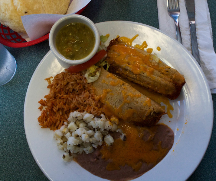 Tri-colored tamale plate at Red Enchilada with choice of sides and green chili. Photo by Whitney Wernick.