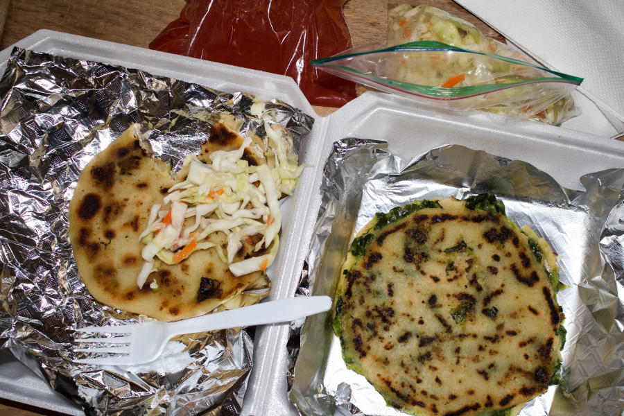 From La Loncherita Salvadoreña, I ordered both the #1 Calabacitas Pupusas (Left) and #6 Spinach and Cheese Pupusas (Right) both served with a side of curtido (lightly pickled cabbage slaw) and tomato sauce. Photo by Whitney Wernick