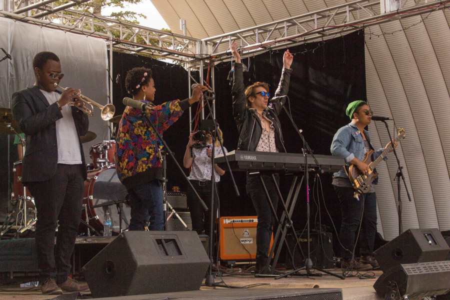 Ardaya performing at Quadstock. From left to right  Njaveva Bingana, Rachel Dupard, Aidan McDaniel, and Ricky Rubio. Not pictured, Dennis Brumback – Lead Guitar, and Josh Buchignani – Drums. Photograph by Marco Rivera