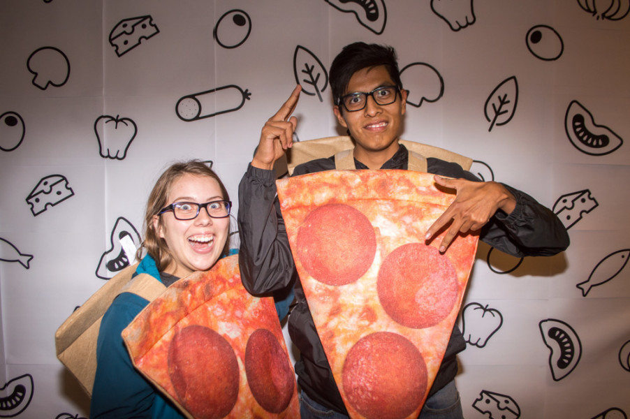 Senior Film Major Eli Schaefer and former SFUAD student Cherokee Plummer are stoked to be dressed as pizzas. Photo by Jennifer Rapinchuk
