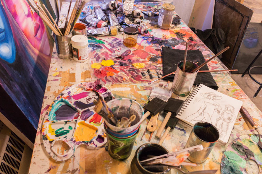 Shasta Scott’s work space while she completes a project for her advanced painting class. Photo by Yoana Medrano.