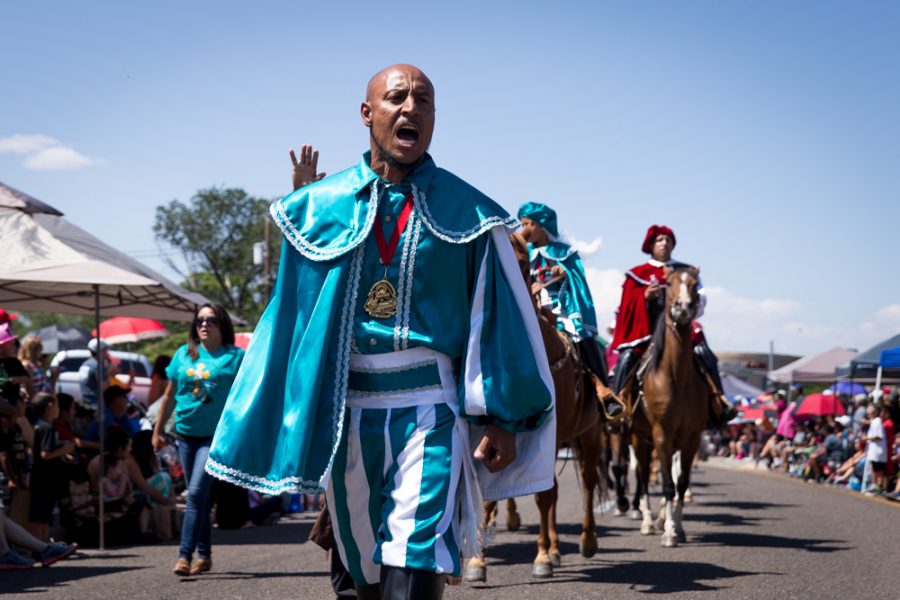 Ralph Martinez leads the Onate y Los Caballeros from Española, during the  Historical Hysterical Parade during Fiestas on Sept. 10, 2017. Photo by Jason Stilgebouer