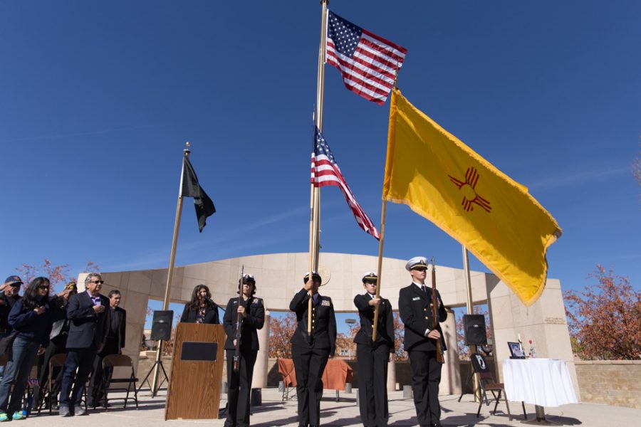 The parade was followed up by the Veterans Day ceremony at the Santa Fe Veterans Memorial with the posting of the colors led by Santa Fe High School Naval JROTC Color Guard. Photo by Jason Stilgebouer