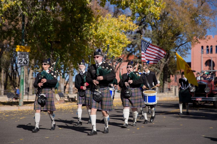 The annual Veterans Day parade started on Bishops Lodge Road, as it made its way downtown led by Scottish bagpipes. Photo by Jason Stilgebouer